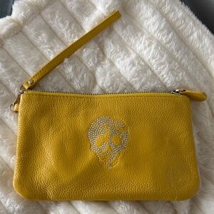 Yellow Leather Wristlet Clutch w/Crystal Skull Detail & Built-in Phone Charger!!